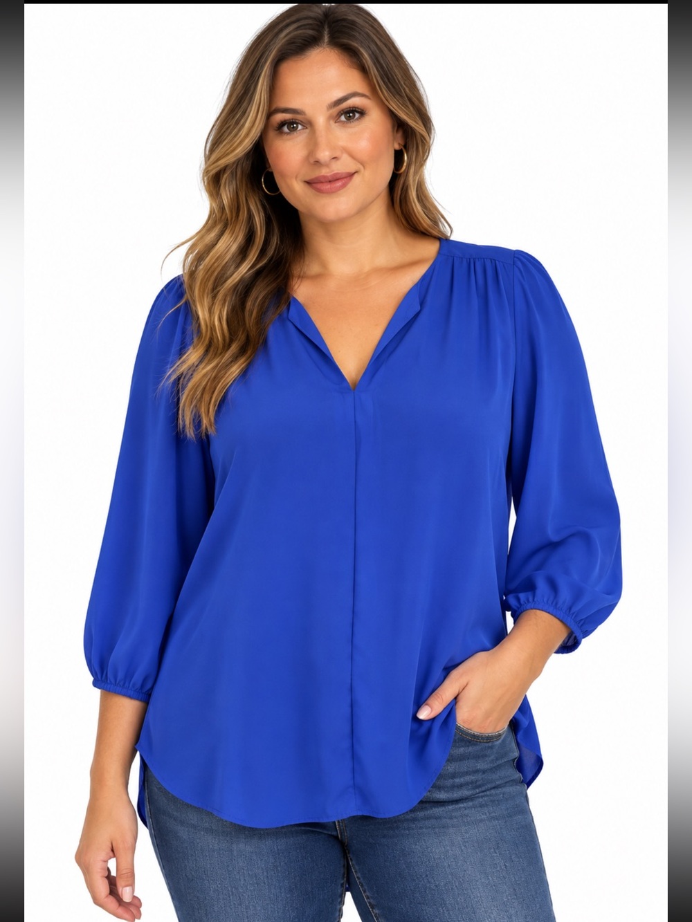Bluestone Women’s Large Cobalt Blue V Neck 3/4 Sleeve Flowy Blouse